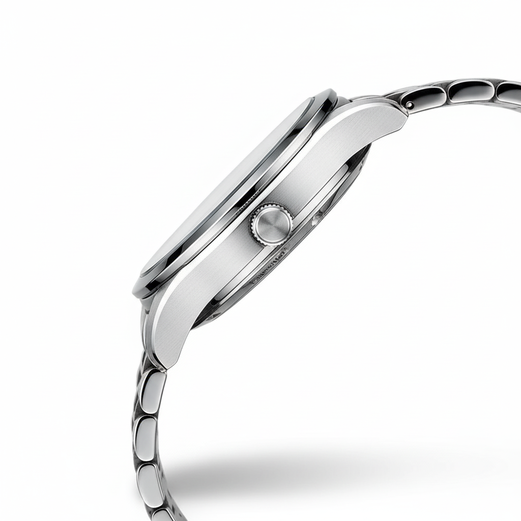 Silver watch with a white background