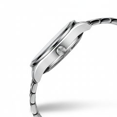Silver watch with a white background