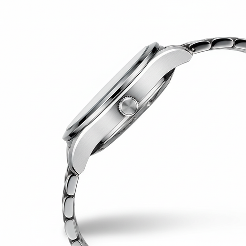 Silver watch with a white background