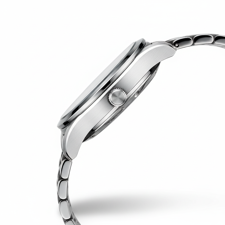 Silver watch with a white background