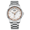 Silver watch with a white face and rose gold accents on a white background