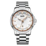 Silver watch with a white face and rose gold accents on a white background