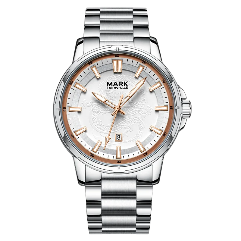 Silver watch with a white face and rose gold accents on a white background