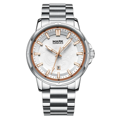 Silver watch with a white face and rose gold accents on a white background