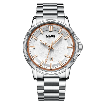 Silver watch with a white face and rose gold accents on a white background