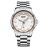 Silver watch with a white face and rose gold accents on a white background