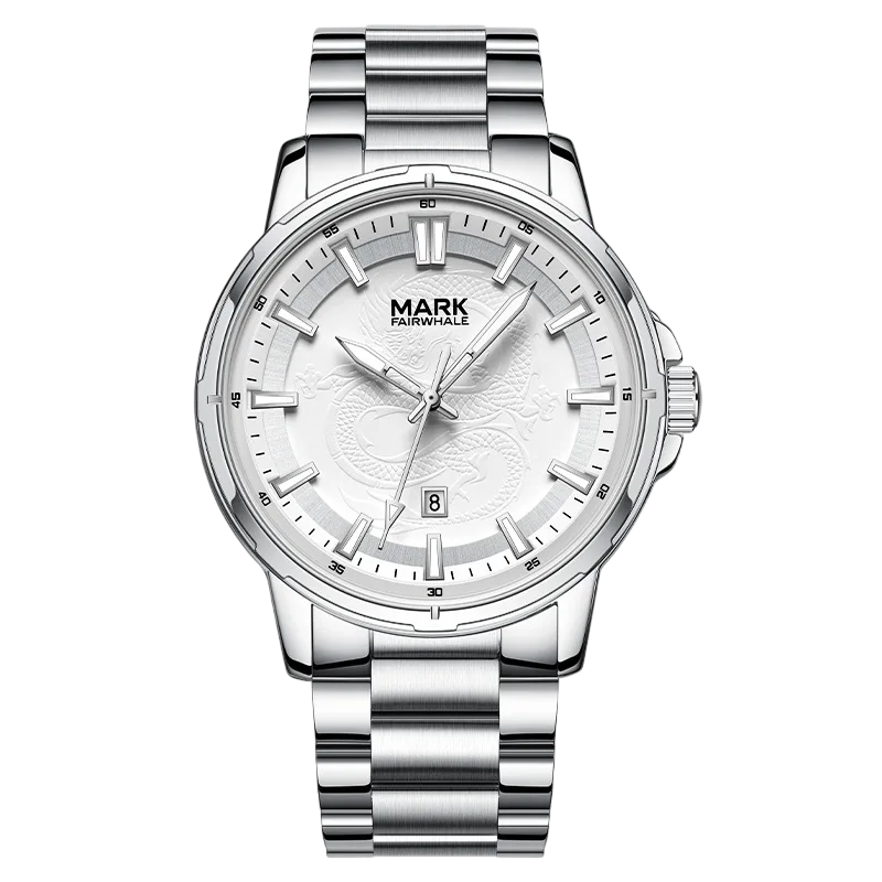 Silver watch with a white face on a white background