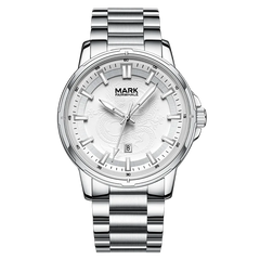 Silver watch with a white face on a white background