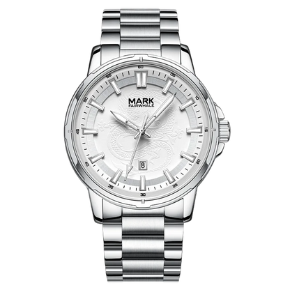 Silver watch with a white face on a white background