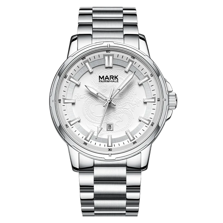 Silver watch with a white face on a white background