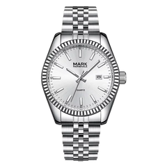 Silver watch with a white face on a white background