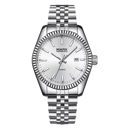 Silver watch with a white face on a white background