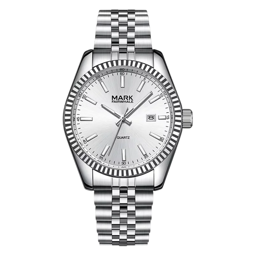 Silver watch with a white face on a white background