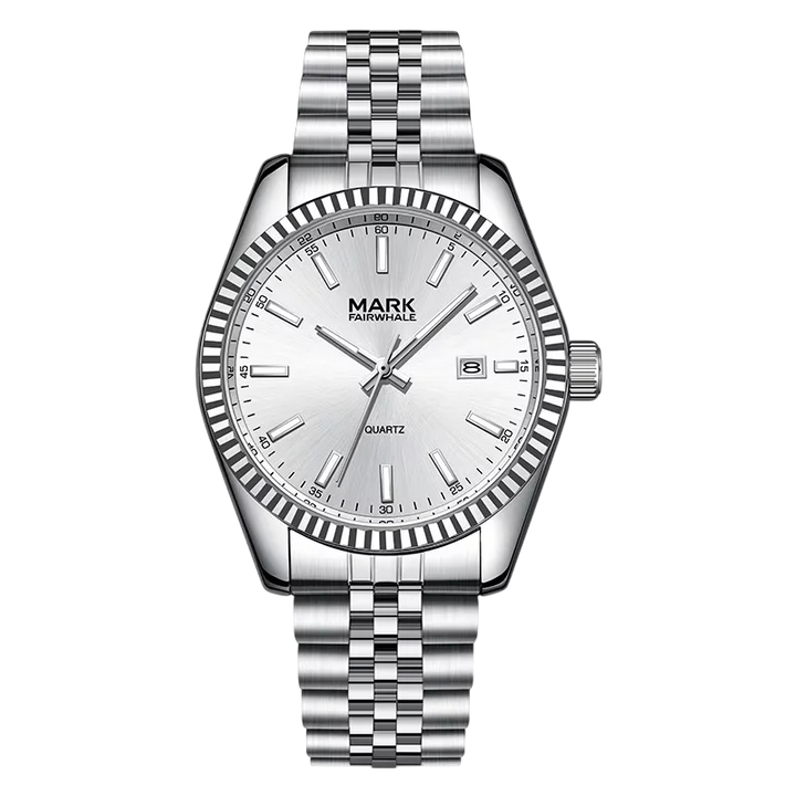 Silver watch with a white face on a white background