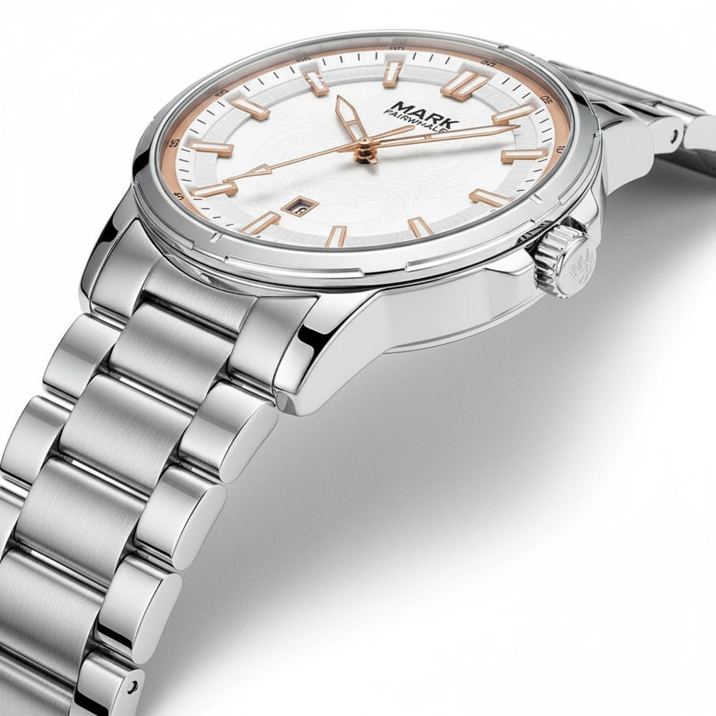 Silver watch with a white face on a light gray background