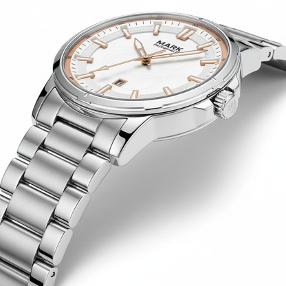 Silver watch with a white face on a light gray background