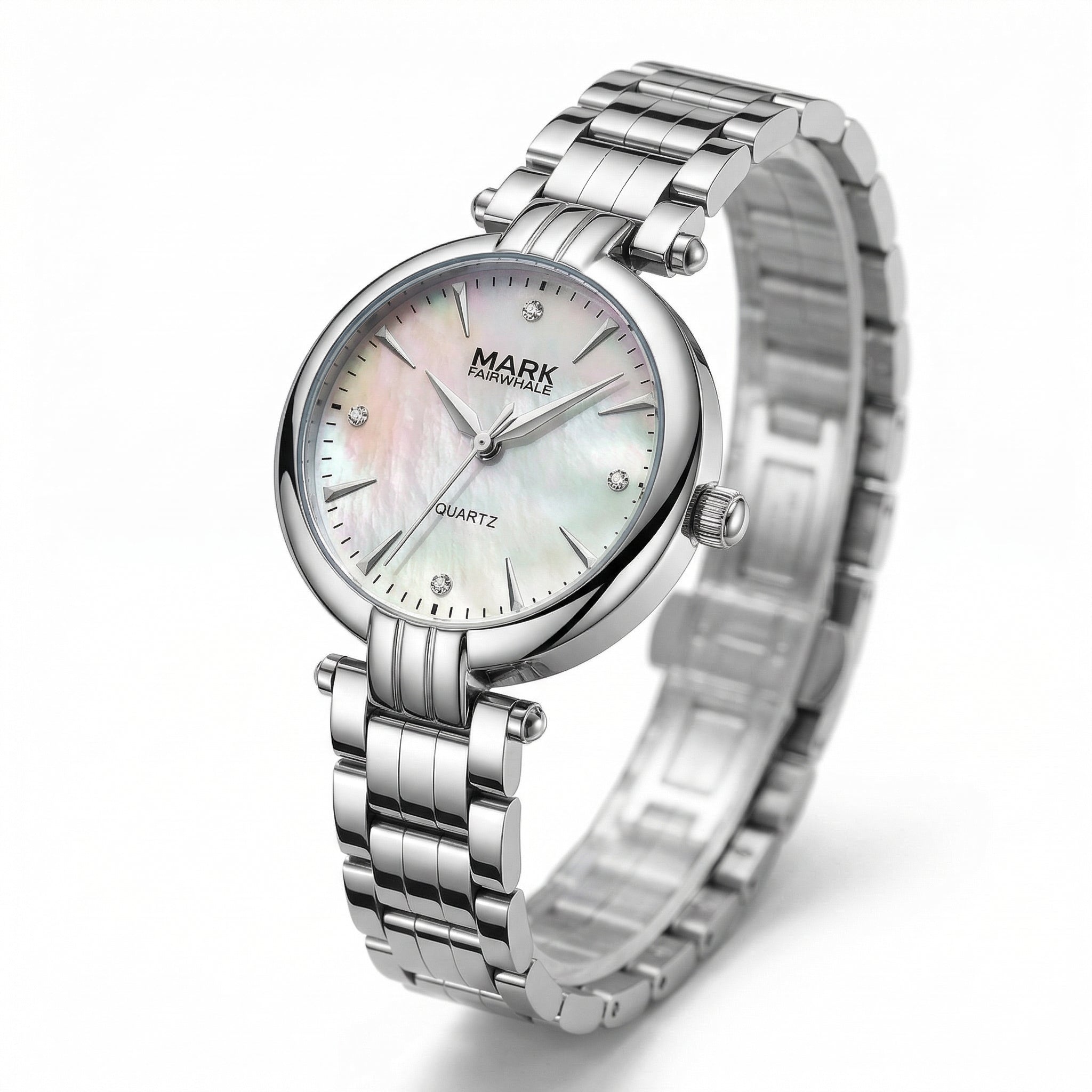 Silver watch with a white face on a white background