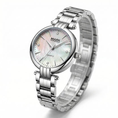 Silver watch with a white face on a white background