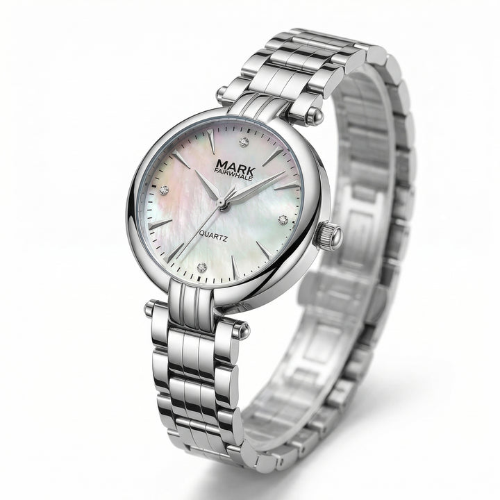 Silver watch with a white face on a white background