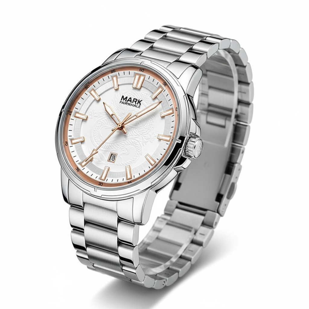 Silver watch with a white face on a white background