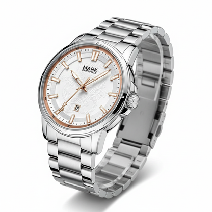 Silver watch with a white face on a white background
