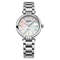 Silver watch with a white face on a white background