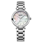 Silver watch with a white face on a white background