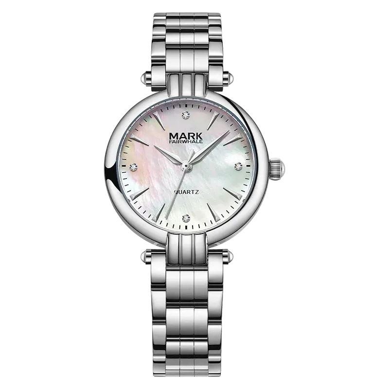 Silver watch with a white face on a white background