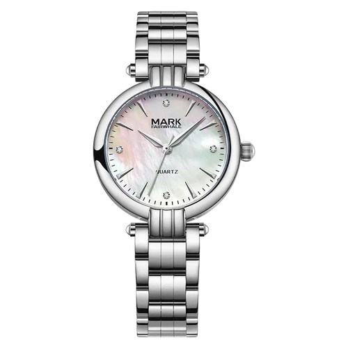 Silver watch with a white face on a white background