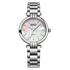 Silver watch with a white face on a white background