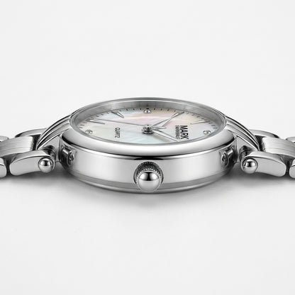 Silver watch with a white face on a white background