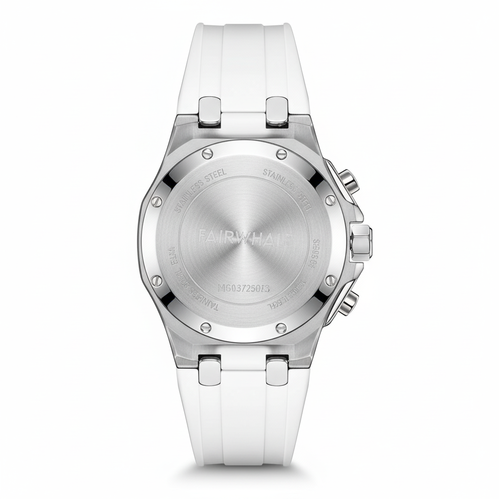 Silver watch with a white strap on a white background