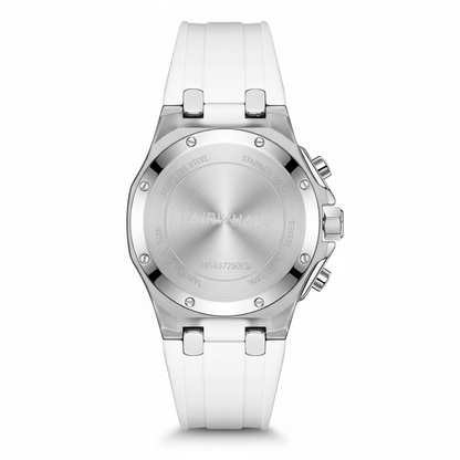 Silver watch with a white strap on a white background