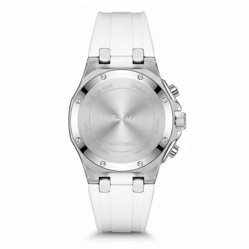 Silver watch with a white strap on a white background