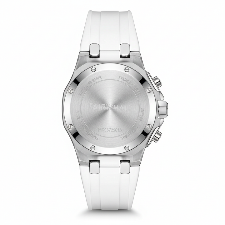 Silver watch with a white strap on a white background