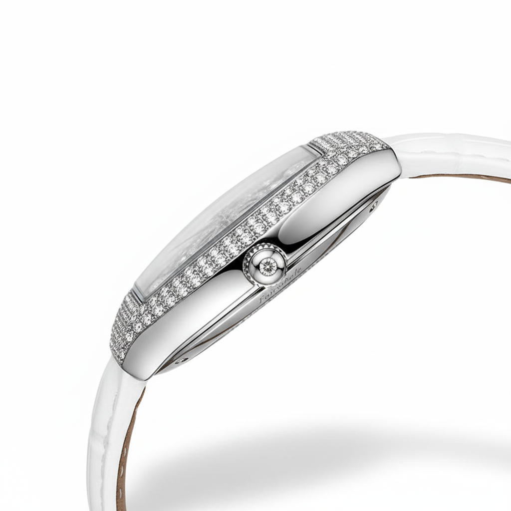 Silver watch with a white strap on a white background