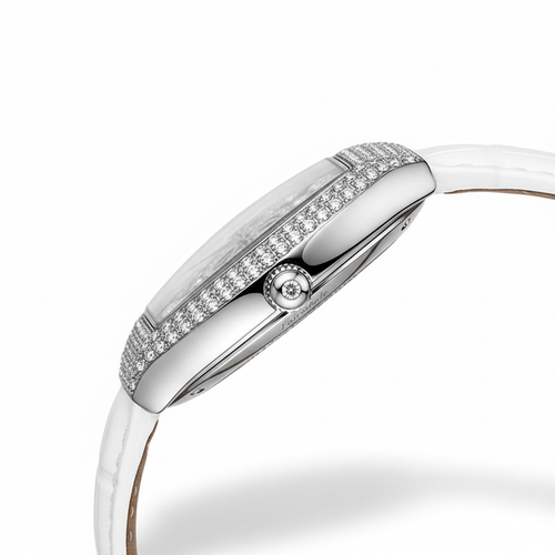 Silver watch with a white strap on a white background