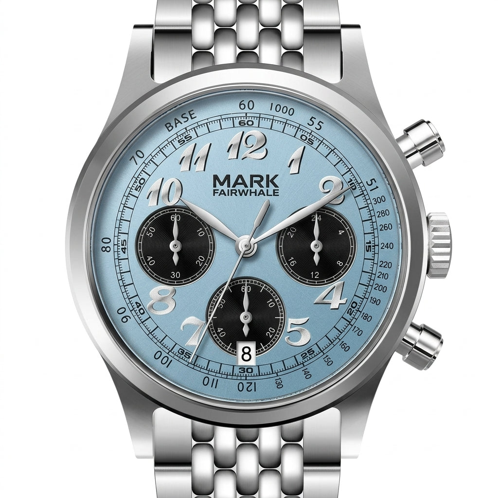 Silver watch with a blue face on a white background