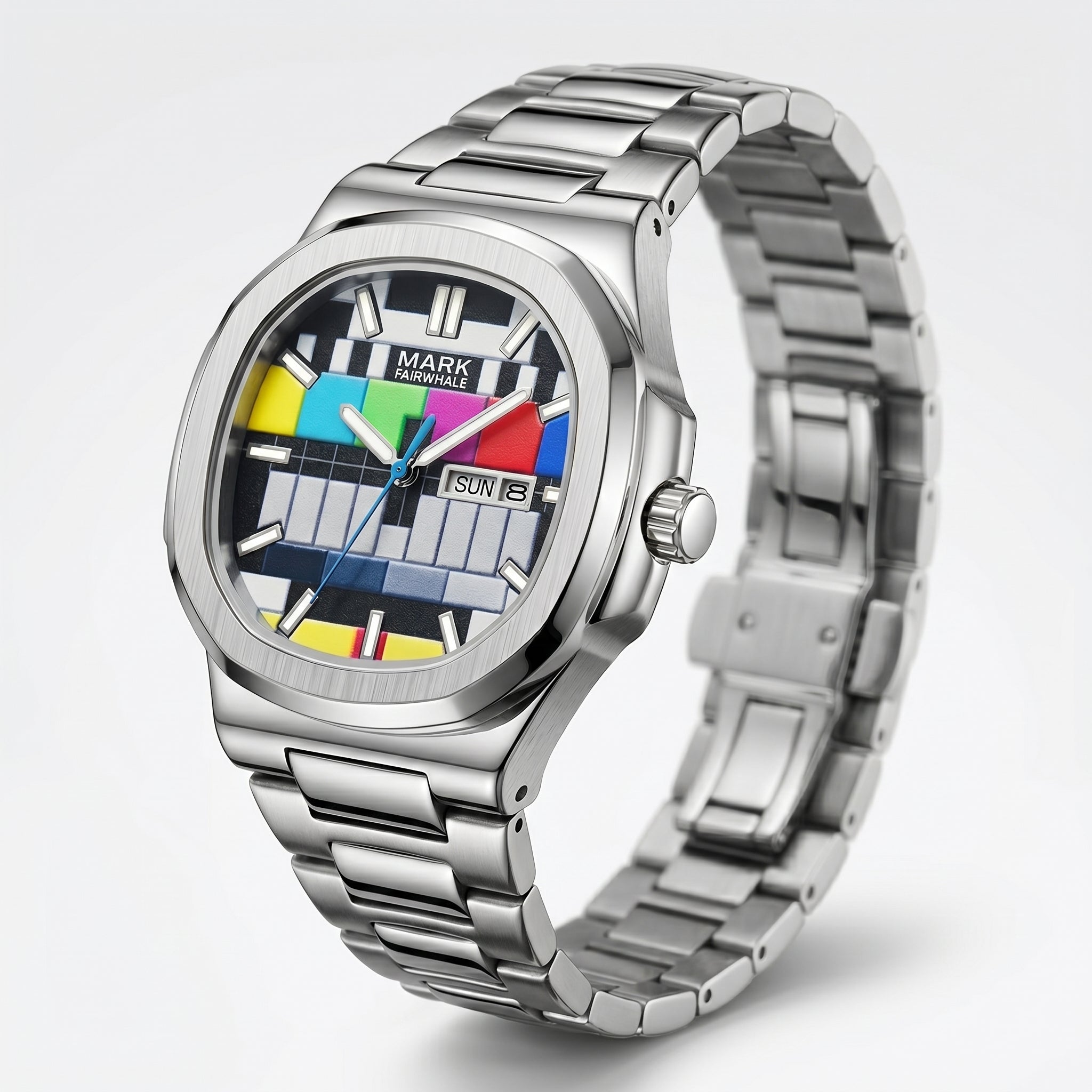 Silver watch with a colorful display on a white background