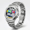 Silver watch with a colorful display on a white background
