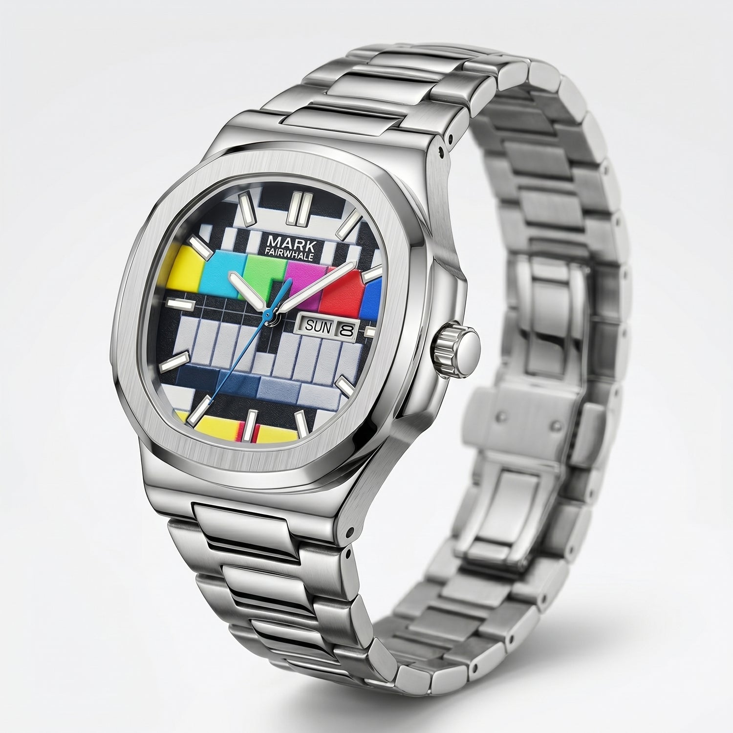 Silver watch with a colorful display on a white background