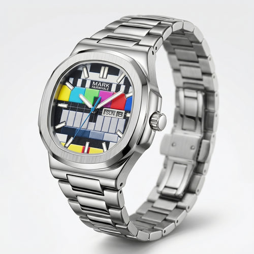 Silver watch with a colorful display on a white background