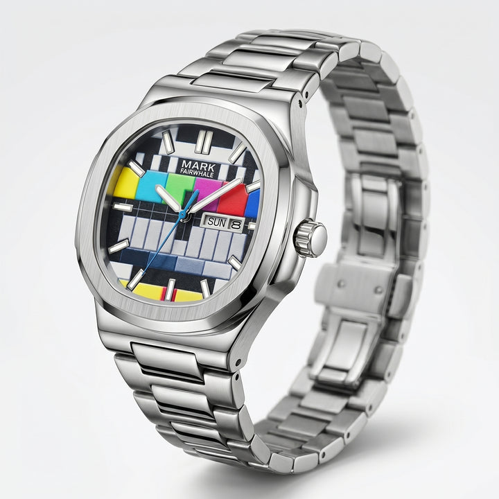 Silver watch with a colorful display on a white background