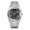 Silver watch with black dial on a white background