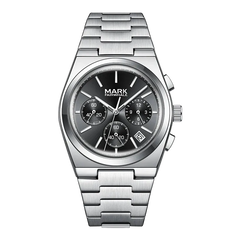 Silver watch with black dial on a white background