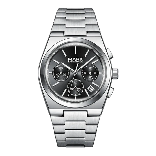 Silver watch with black dial on a white background