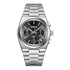 Silver watch with black dial on a white background