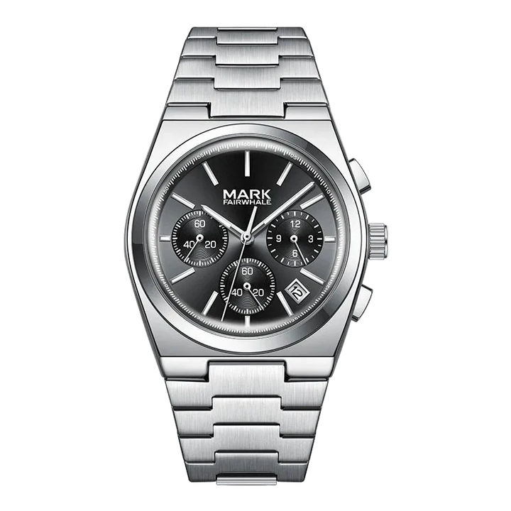 Silver watch with black dial on a white background