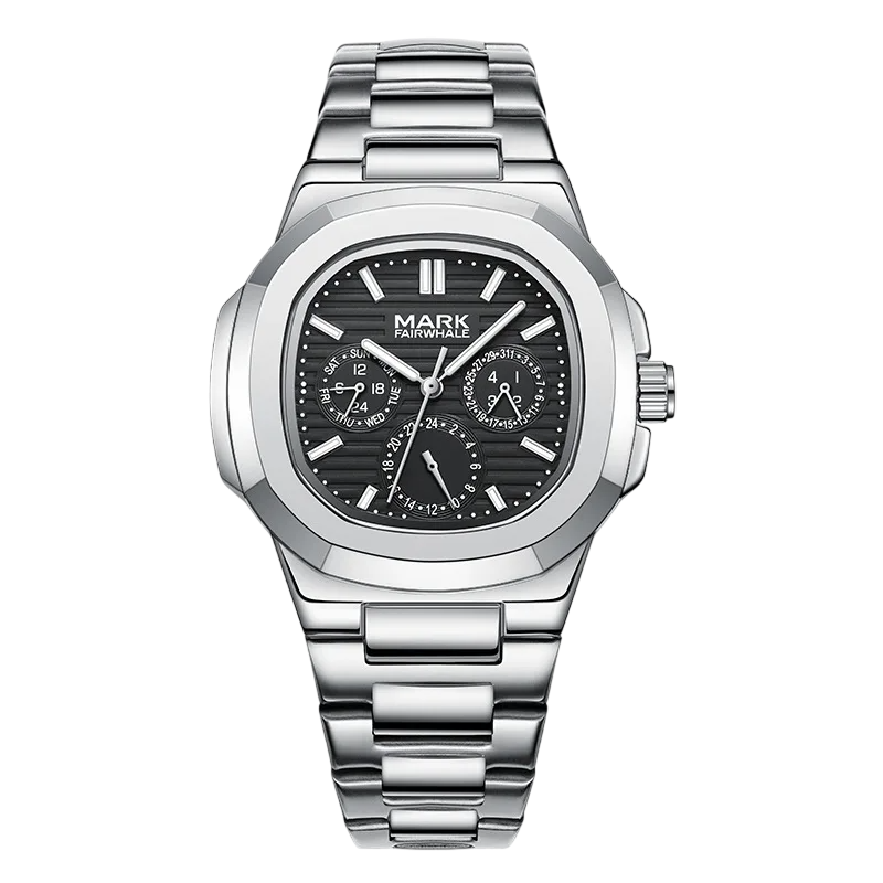 Silver watch with black dial on a white background
