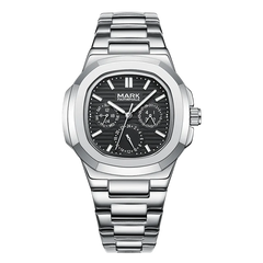 Silver watch with black dial on a white background